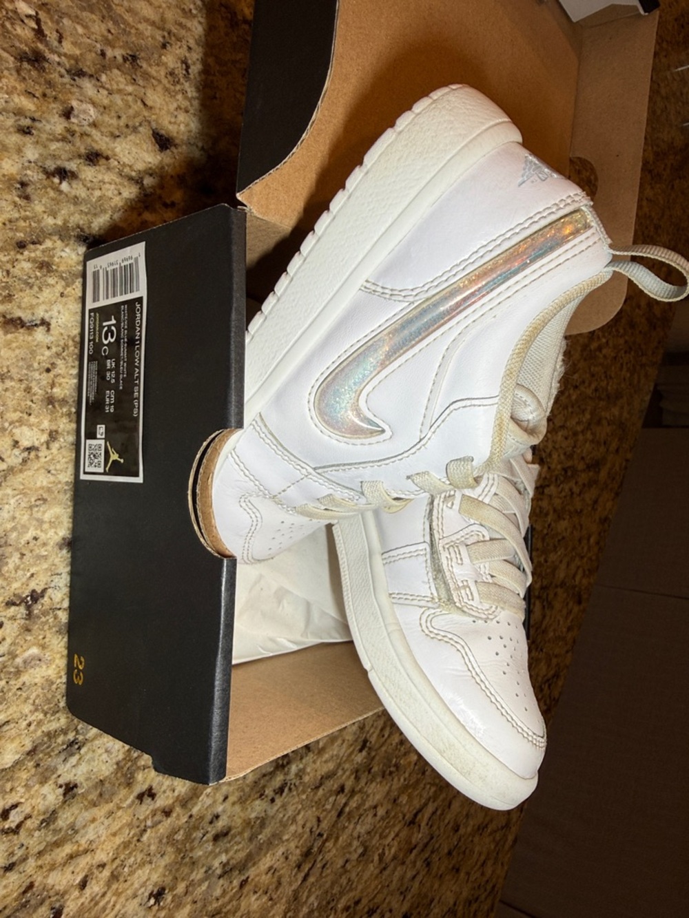 Jordan Kids White Sneakers with Iridescent Swoosh